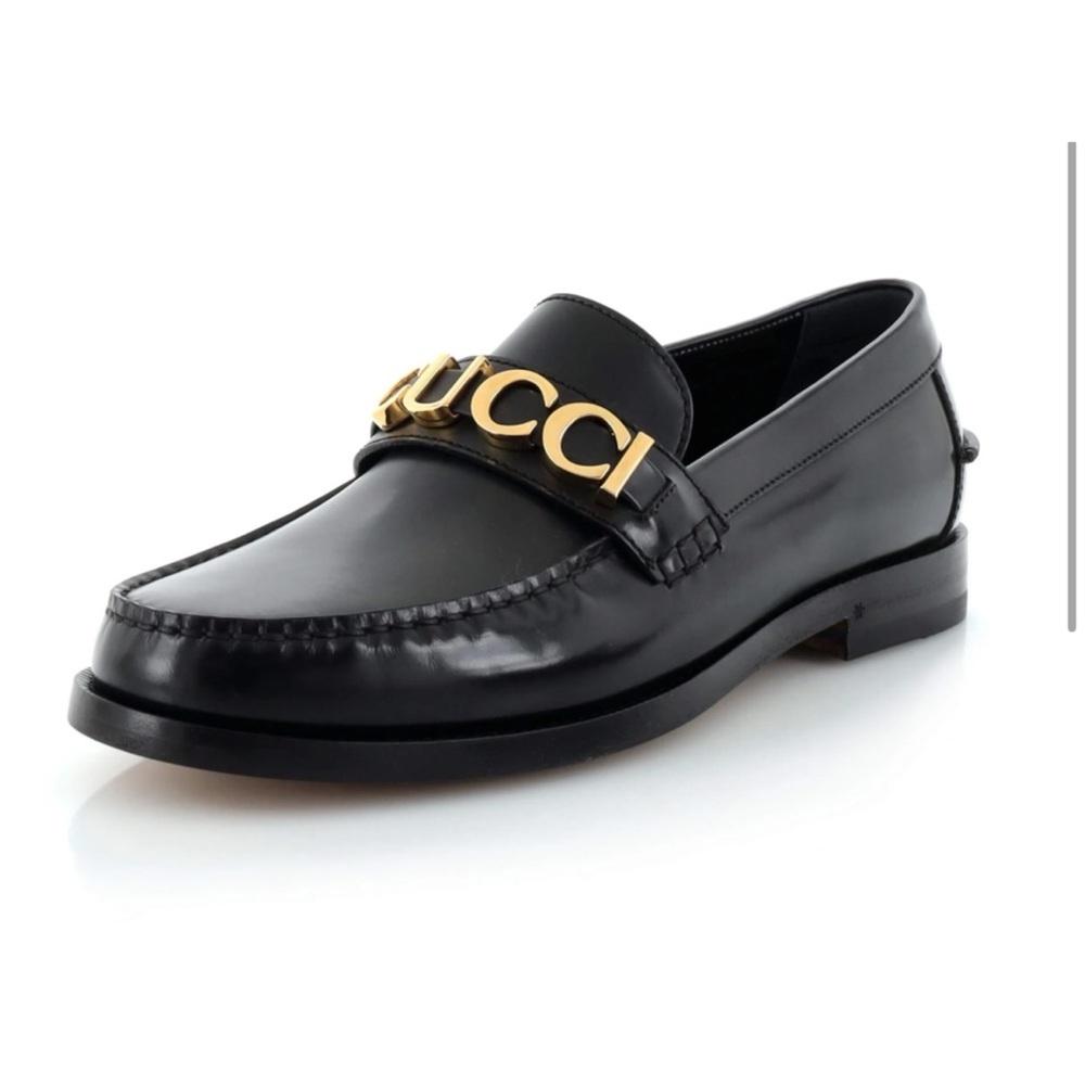 Gucci, gold logo, embellished, leather loafers size 13 made in Italy